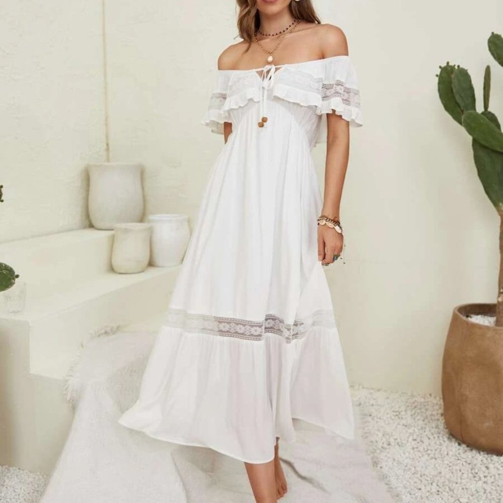 WHITE Tie Front Ruffle Trim Off Shoulder Dress - Picture 2 of 7